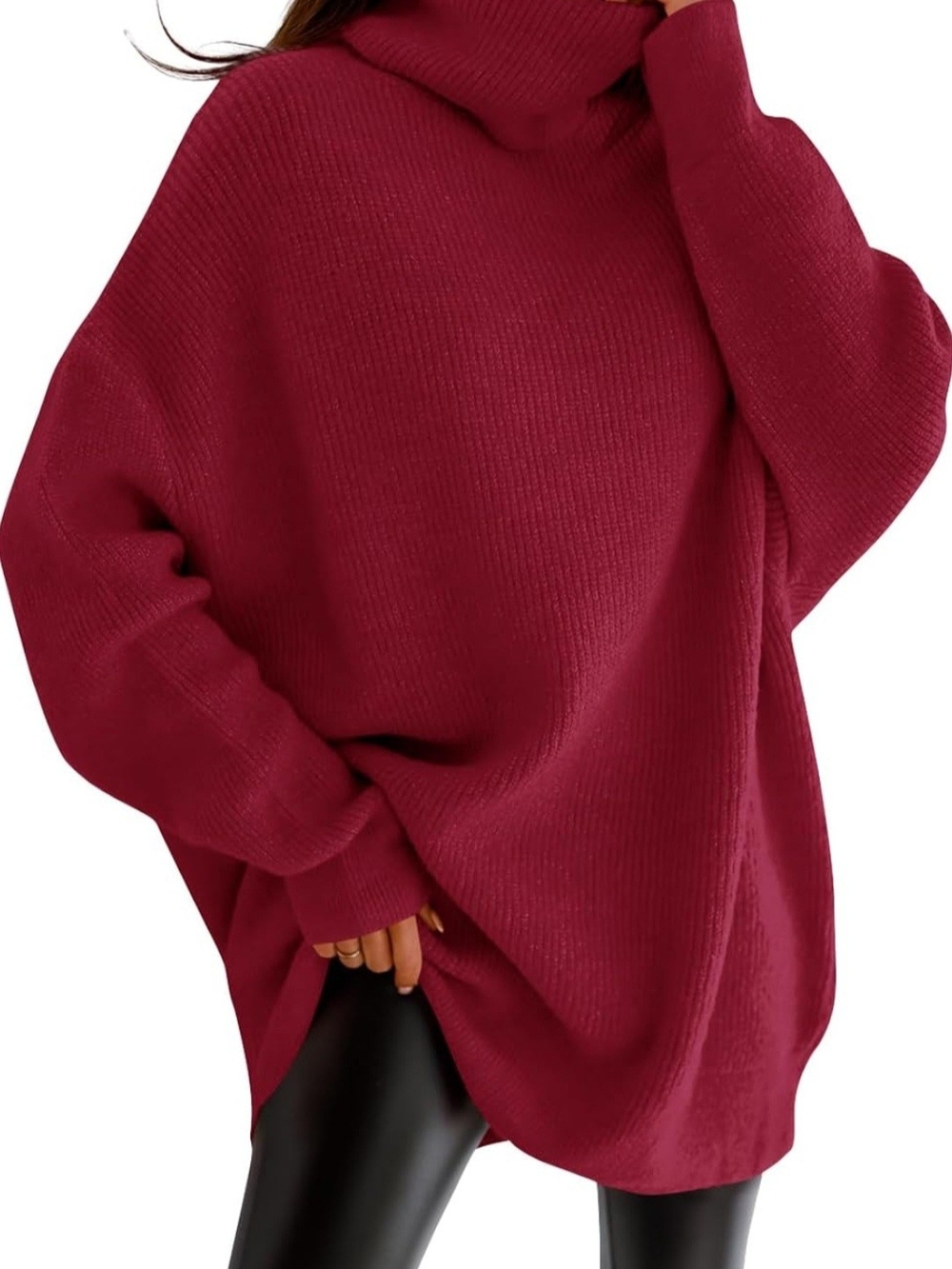 Oversized Turtleneck Sweater - Wine Red